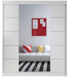 ELUKS - DERVINO Sliding Doors Wardrobe with Mirror Furniture for Bedroom Living Room and Hall Wardrobe Organizer Width 100cm/120cm/150cm/180cm/200cm/WHITE/BLACK/OAK (White, 150cm)