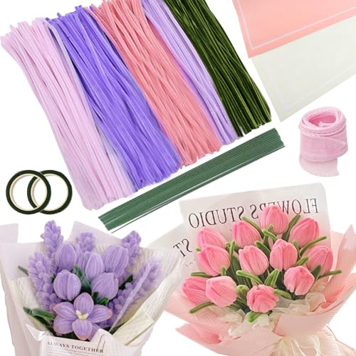 Orvilsen Pfeifenputzer Zum Basteln 450 Stück Pfeifenreiniger Blumen Set 5 Farben Pipe Cleaner Mit 30 Grüne Blumendrähte, Klebeband, Klebestifte, Geschenkband Geschenkpapier (Rosa Lila Grün)