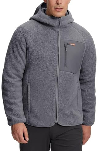 Pioneer Camp Giacca in pile da uomo con cappuccio, calda, traspirante, con chiusura lampo, per attività all'aria aperta, con 5 tasche, per escursioni, trekking, grigio, S