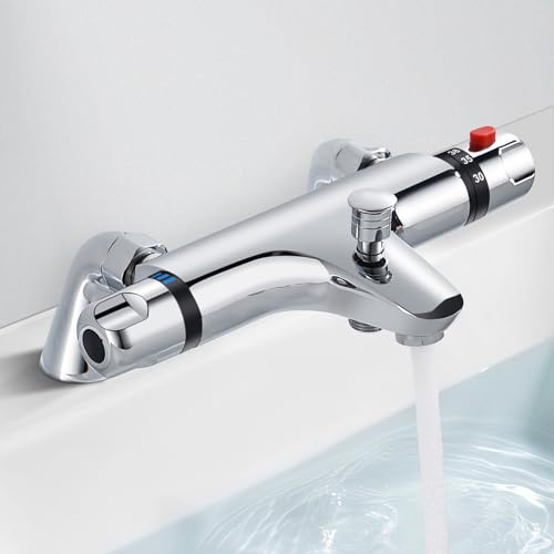 Thermostatic Bath Shower Mixer, Deck Mounted Shower Thermostatic Valve, Solid Brass Bathtub Shower Mixer Bar with 38°C Safety Anti-Scald Control Valve, Chrome