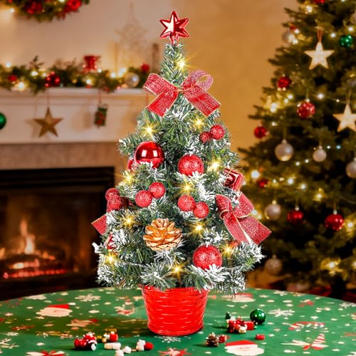 Kleiner Weihnachtsbaum mit Beleuchtung, 45CM Künstlicher Mini Weihnachtsbaum mit Stern und Deko, Geschmückter Tisch Weihnachtsbaum für Zuhause Büro Indoor, Fertig Geschmückter Weihnachtsbaum Geschenk