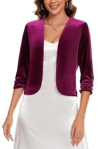 Kyzoeyou Ladies Velvet Shrugs 3/4 Ruched Sleeve Womens UK Smart Crop Cover Up Front Lined Fit Jackets Cardigans Sweater Open Front Outerwear Vintage Bolero Top (Fuchsia M)