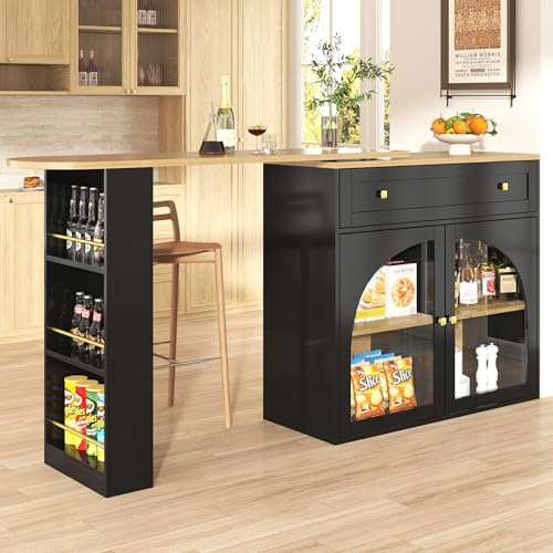 Rvjiahe Ausziehbarer Bartisch mit Stauraum(138-204×39×104cm), 360° drehbare Essbar,Moderner Beweglicher Bar Table,Hochtisch Kücheninsel Bistro Table, Sideboardschrank mit Regalen und Glas(Schwarz)