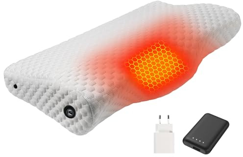 Wärmekissen mit Akku 4000mAh, Beheizbares Kissen Memory-Schaum Nackenkissen mit aufgerüstetem Heizelement (Weiß)