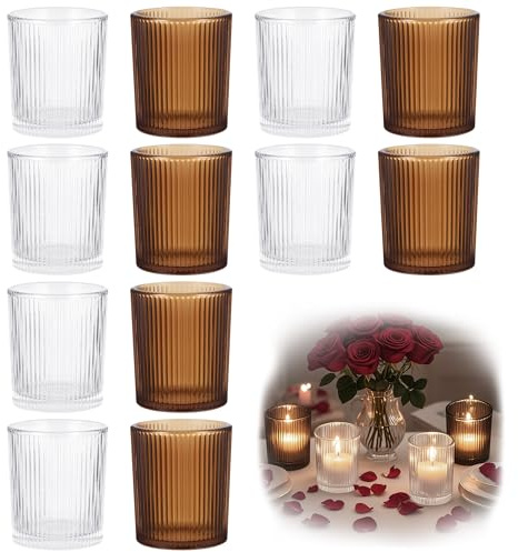 Hejo 12 Piezas Portavelas de Cristal, Portavelas de Vidrio Acanalado, Pequeño Portavela de Té Transparentes para Festivales, Cenas, Decoración del Hogar y Decoración de Navidad (Transparente y Ámbar)
