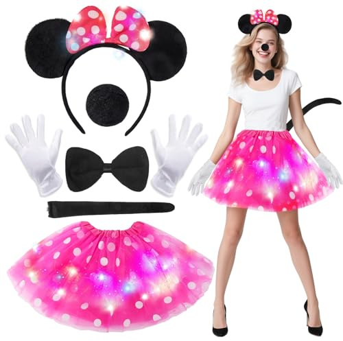 Mouse Costume Girls Women- Light Up Mini Mouse Dress Up Adult Princess Outfit with Red Tutu Skirt Mouse Ears Headband Nose Tail Bow Tie Gloves for Cosplay Party Halloween Christmas World Book Day