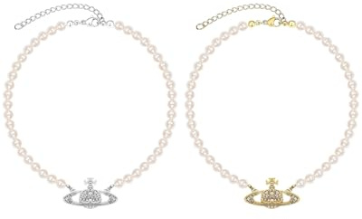 FUGLUS 2pcs Collier de perles Saturne,collier perle, collier de perles en argent Saturne avec strass, collier de perles planète, collier de perles avec pendentif, collier de perles Saturne