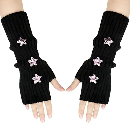 aieieii Black Fingerless Gloves, Star Printed Knitted Wrist Warmers for Women Long Fingerless Gloves for Women, Thermal Black Arm Warmers Suitable for Going Out Y2k Accessories Gift Giving