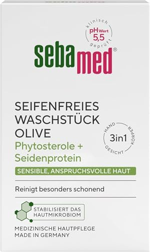 Sebamed seifenfreies Waschstück Olive 150 g, für die tägliche seifenfreie Reinigung sensibler, anspruchsvoller Haut, reinigt besonders schonend, zur Hand-, Gesichts- und Körperreinigung geeignet