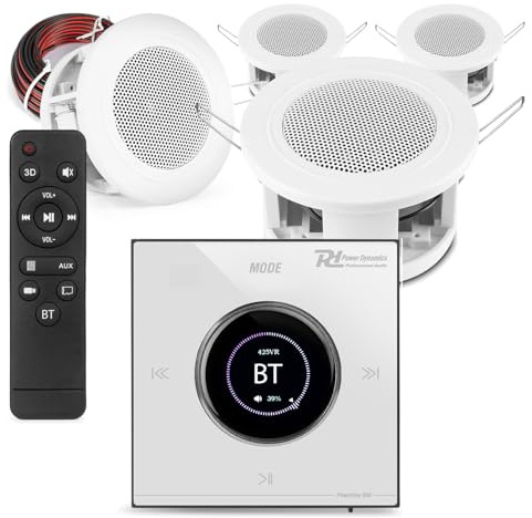 Powerline B50W Bluetooth Compact Ceiling Speaker System – Complete 4-Zone Audio Solution with In-Wall LCD Amplifier, 4x 3 Low-Profile Ceiling Speakers, Speaker Cable Included, Home or Office