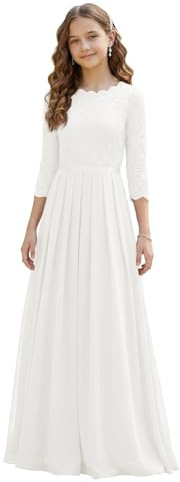 wyxis Ivory Long Sleeve Lace Junior Bridesmaid Dresses Long Chiffon Flower Girls Dresses First Communion Dress Size 10