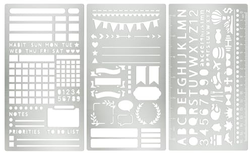 Aribliseza Journal-Schablonen, 3er-Pack, Journaling-Zubehör, Metallschablonen, robuste Metalllineale, geeignet für Notizen und Planung, Neujahrsvorsätze 2026
