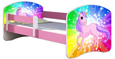 ACMA Kinderbett 80 x 160 cm mit Matratze & Lattenrost – Jugendbett mit Rausfallschutz, personalisiertes Motiv 18 Pony Regenbogen - Rosa, Mädchenbett ab 3 Jahren, belastbar bis 120 kg