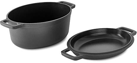 DASH Zakarian by Dash 6 Qt Nonstick Cast Iron Double Dutch Oven, Oval Pot with 2-in-1 Skillet Lid, Black