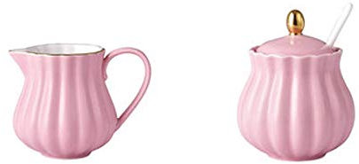 salsera de porcelana Crema de porcelana y juego de azúcar con calabaza de tapa Forma estriada Conjunto de café Juego de lácteos 220cc / 7.4oz Adecuado para café y té salsera ( Color : Pink )