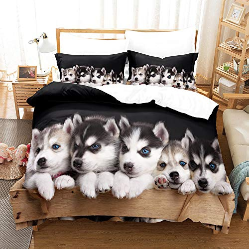 BAIXUEGONGZHU bettwäsche 135x200 cm Husky-Welpe Schwarz Bettbezug 2 und kissenbezüge 80x80 cm mit Reißverschluss Leichte Mikrofaser Heimtextilien