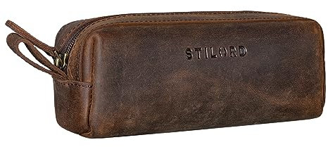 STILORD 'Linus' Etui Leder Vintage Herren Damen Stifteetui Lederetui Federmappe quadratisch Stiftetasche Büffelleder, Farbe:Zamora - braun