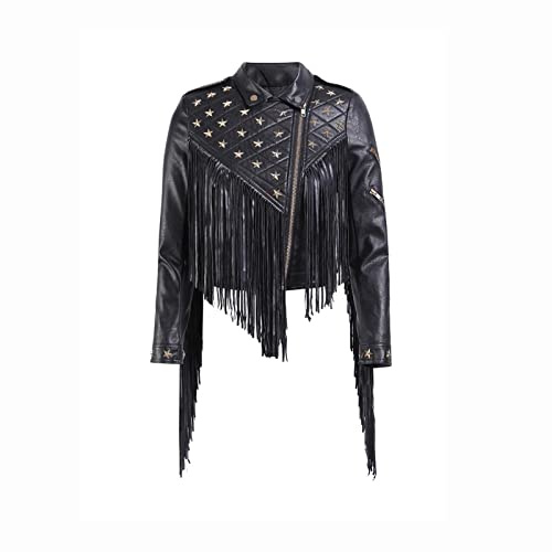 Motorcykel PU-läderjacka for Kvinnor Bikerjacka Med Fransar Med Dragkedja Nitdetaljer, Fransad Fåll Passar Vår Och Höst (Color : Black, Size : M)