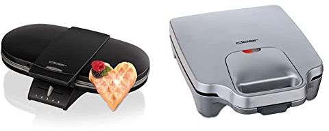 Cloer 1320 Doppelwaffeleisen für zwei klassische Waffeln / 1200 W/Waffelgröße 15,5 cm/optische Fertigmeldung, Edelstahl, schwarz & 6269 Sandwichmaker XXL / 1800 W / für 4 Sandwiches