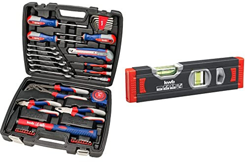 kwb Werkzeug-Koffer inkl. Schrauber-Bits, 42-teilig, gefüllt, robust und hochwertig & 1 mm Mini Aluminium-Wasserwaage 20 cm, gesicherte Libelle, m Genauigkeit, präzise geschliffen
