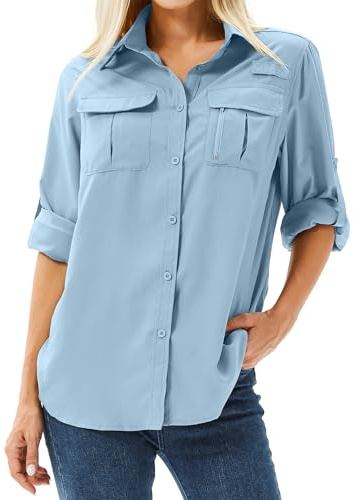 Anteef Women's Safari Shirts Long Sleeve Hiking Fishing UV Sun Protection UPF 50+,Quick Dry SPF Breathable Shirts(5071 Blue XL)