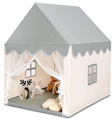 COSTWAY Kinderzelt Indoor, Kinderspielhaus für Jungen Mädchen Prinzess Prinzessin, Kinderspielzelt mit Massivholzrahmen & Baumwolldecke, Kinder Spielhaus für Drinnen, 120x105x140cm (Beige+Grau)