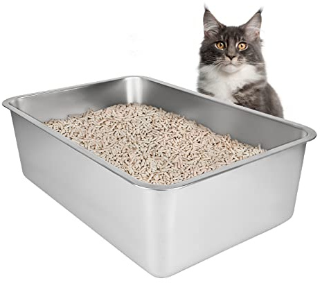 IKITCHEN Große Katzentoilette Edelstahl(50×35×20cm), Litter Box Katzenklo, Katzen und Kaninchen Metall klo, Niemals Gerüche, Fleckfrei, Rostfrei, Antihaft Glatte Oberfläche, Anti-Rutsch Gummiboden