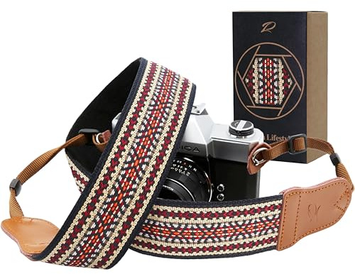 Padwa Lifestyle Sangle Appareil Photo - Extrémités en Cuir de Vachette Ddouble Couche,Sangle D'appareil Photo en Coton Brodé de 2,Bandoulière Photographe Réglable Pour Tous Les Appareils Photo DSLR