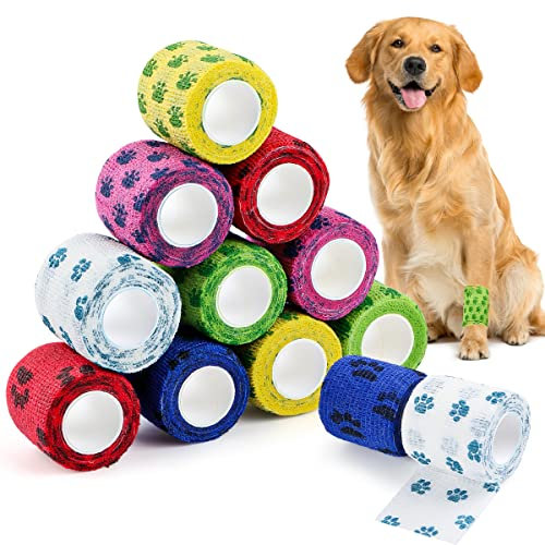Encuryna 12 Rollen Selbsthaftender Verband Hund, Selbstklebende Bandage, Elastisch Pfotenschutz Kohäsive Haftbandage, Tierarzt Bandage für Menschen Haustiere Hunde Katzen Pferde (5 cm x 4,5 m)