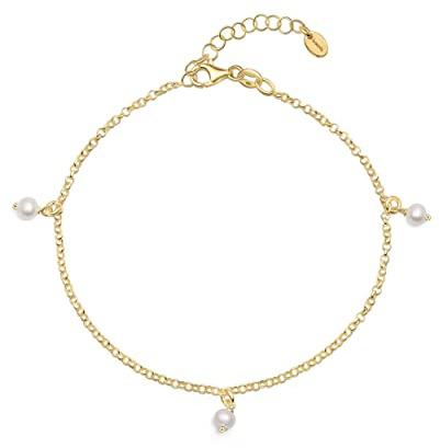 Amberta Damen Fusskette aus 925 Sterling Silber mit Perle: 4-5 mm Fusskette mit Perlen Anhänger - Vergoldet 25 cm