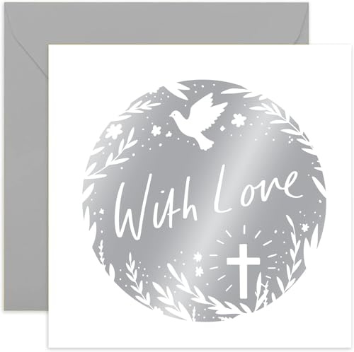 Old English Co. Silver With Love Card - Floral Dove Cross Design Greeting Card for Baptism, Christening, Easter, First Holy Communion - Religious Faith Celebration Card | Blank Inside with Envelope