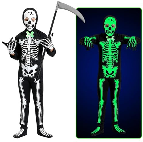 SHOWHEEL Costume de Squelette, Costume d'Halloween Squelette Lumineux, avec Faux, Costume de squelette pour Fêtes d'Halloween (S) Uniquement pour les 15 ans et plus