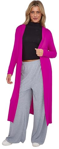 AJFASHION Ladies Maxi Plus Size Long Cardigans for Women UK Plus Size New Collared Top Long Full Sleeve Floaty Women's Ladies Cardigans Coatigans UK Sizes 8-26 Fuchsia