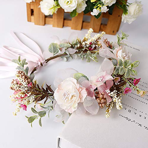 Wambere Corona de flores para el cabello, diadema de flores con cinturón ajustable, multiusos para niñas y mujeres, 1 unidad (Paquete de 1), color Rosa claro