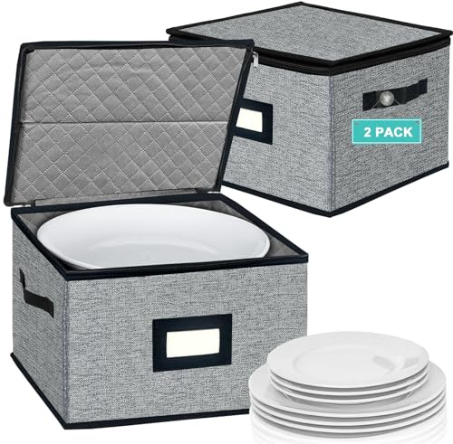 homyfort China Storage Containers - Dinner Plate Storage with Lid, Handles, Hard Shell Dinnerware Protectors for Moving Bowls, Saucer, Padded Protective Storage, 12x12, 2 Pack
