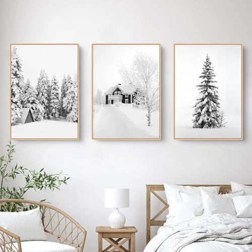 Herfair 3er Poster Set, Winter Weiße Kiefer Holzhaus Wandkunst Wandbilder Wohnzimmer Bilder, Moderne Leinwandbilder Wandposter, Wanddeko Bilder, Ohne Rahmen (30x40cm)