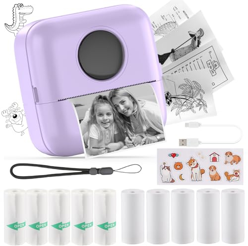 Mini Drucker, Taschendrucker, Mini Fotodrucker für Smartphone, Sticker Drucker, Thermo Fotodrucker für Journal, Reisen Logo, Notizen, Journal, Liste, Memo (Purple)