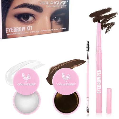 VIOLA HOUSE Augenbrauenseife 15g + Augenbrauenfärber 15g + 1 Augenbrauenstift + 1 Augenbrauenpinsel, Set aus 4D Long Lasting Eyebrow Soap und wasserfestem Augenbrauen-Wachs. (Dunkelbraun)