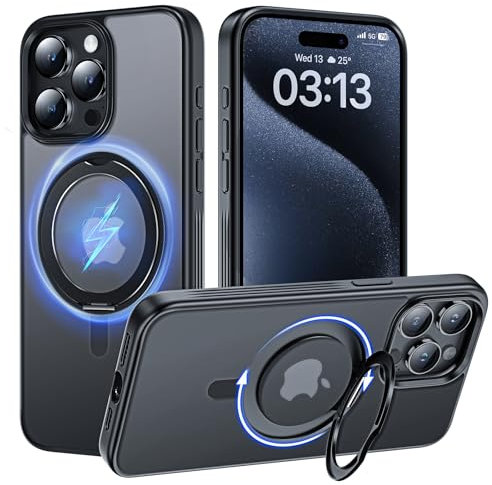 TAURI Drehbarer Magnetring für iPhone 15 Pro Hülle für MagSafe [Unsichtbarer Ständer] Durchscheinende, Stoßfeste, Schlanke Handyhülle für iPhone 15 Pro Case, 6,1 Zoll - Matt Schwarz