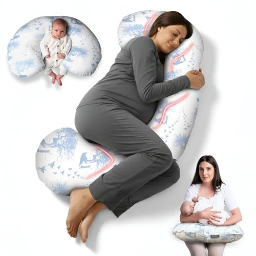 BellaMoon Almohada de embarazo 3 en 1, soporte de almohada de cuerpo completo para mujeres embarazadas, almohadas de embarazo ajustables en forma de C para dormir, amamantar y tumbona para bebé, funda