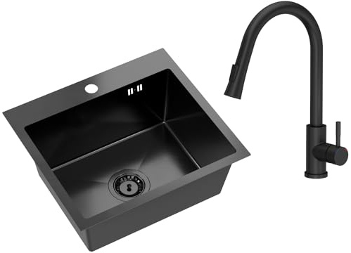 VBChome Fregadero de acero inoxidable con grifo, 50 x 45 cm, color negro, acero inoxidable, con orificio para grifo, fregadero grande, desagüe, sifón de acero inoxidable, color negro, grifo con caño