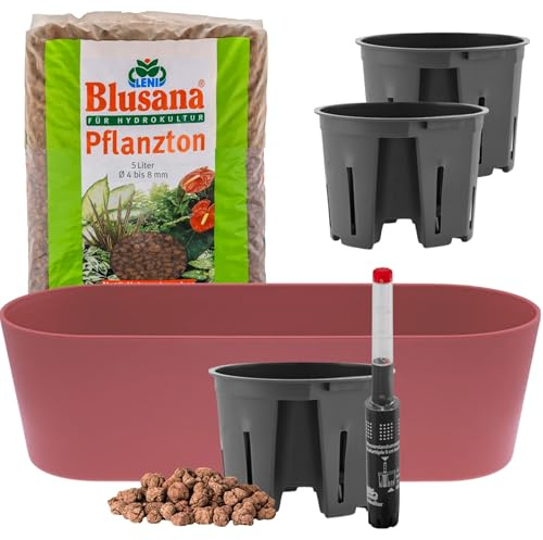 Leni Flori Jardiniere Blumentopf länglich 36 cm brombeer/rosa-rot Hydrokultur-Komplett-Set mit Übertopf Hydro-Töpfen Wasserstandsanzeiger & Pflanzton