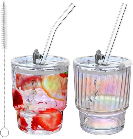 350ml Iced Coffee Cup, 2 Pack Glass Cups with Lids and Straws, Smoothie Cup Iridescent Reusable Tumbler Glasses Leak Proof Ribbed Drinking Glass for Water Juice Cocktails Milkshake Matcha Coke Tea