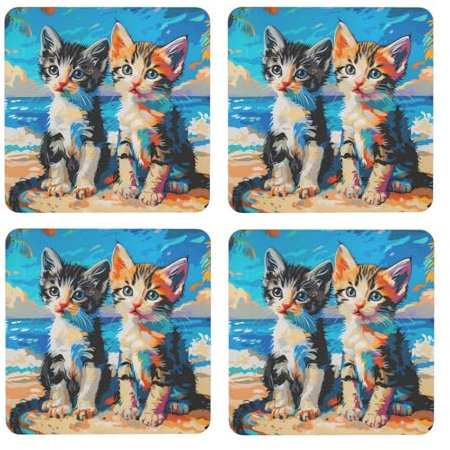 Bunte Katzen bedruckte quadratische Untersetzer für Getränke, saugfähig, 4 Stück, für Tee, Kaffee, Holz, leichte und hitzebeständige Untersetzer mit Korkboden zum Schutz Ihres Zuhauses