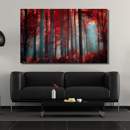 PVPQPR Leinwandbild mit roten Blättern, Wald, Landschaftsbild, Leinwanddruck, schöner roter Baumpark, moderne Wandkunst, Wohnzimmerdekor, 21 x 30 cm (8 x 12 Zoll), mit Rahmen