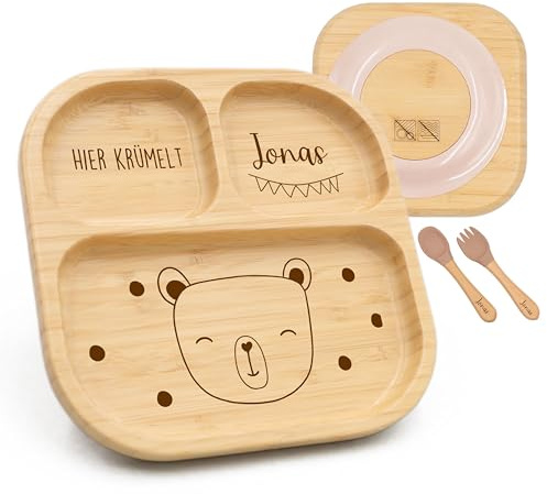 Kidsmood - Kinderteller mit Saugnapf inkl. Baby Besteck mit Namen – Teller für Kleinkinder, rutschfest – Beikost Baby Zubehör, personalisierte Geschenke zur Geburt, Taufgeschenke Jungen & Mädchen