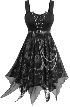 Rosegal Damen-Kleid, Übergröße, Sonne, Mond, Stern, Gothic, Ketten, Schnürung, Ösen, ärmellos, Midi-Kleid, Schwarz_1, 3X