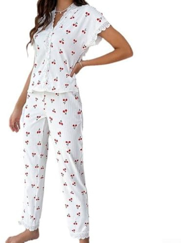 Elegant For Cherry Print Pijama Conjunto para Mujer con Encaje Recortado Manga Corta Top y Pantalones (S Blanco)