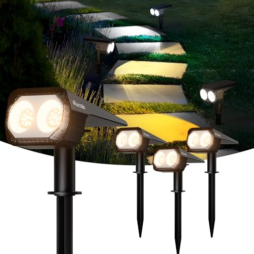 Quntis 4 Pezzi Faretti Solari a 26 LEDs da Esterno, 6 Modalità Luce Solare da Giardino 3 Colore e Ricarica USB-C, Lampade Solari da giardino IP65 Impermeabile per Cortile Alberi Patio Terra