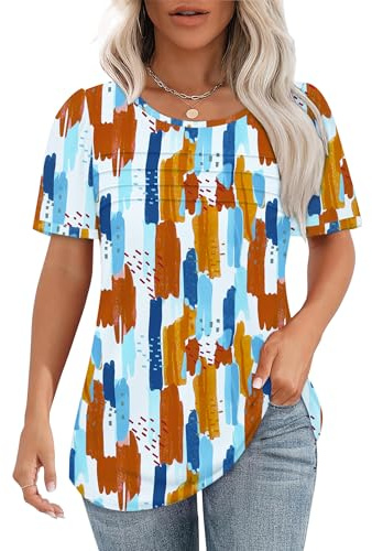 Chicrise T-shirt damer sommar kortärmad pleated rund hals toppar elegant puffärmar ledig ledig mode tunika, oljemålning, XXL